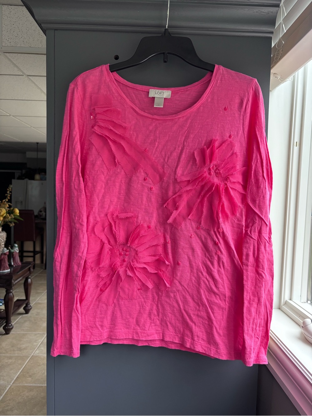 LOFT Bright Pink Floral Appliqué Long Sleeve Tee